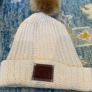 Love Your Melon Ivory Knit Hat with Brown Pom